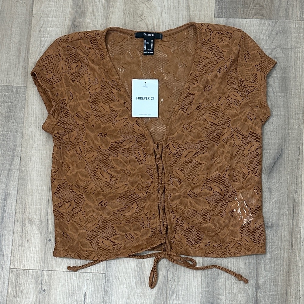 Forever 21 Tan light brown floral Lace knit Blouse with tie